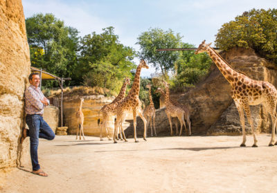 Pierre Gay avec les girafes du Bioparc